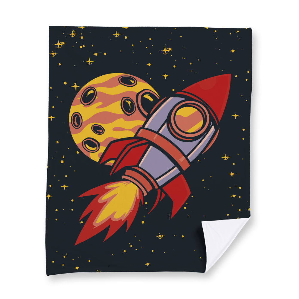 Rocket and Moon Illustration Fleece Blanket