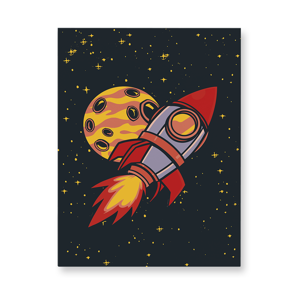 Rocket and Moon Illustration Aluminum Wall Art