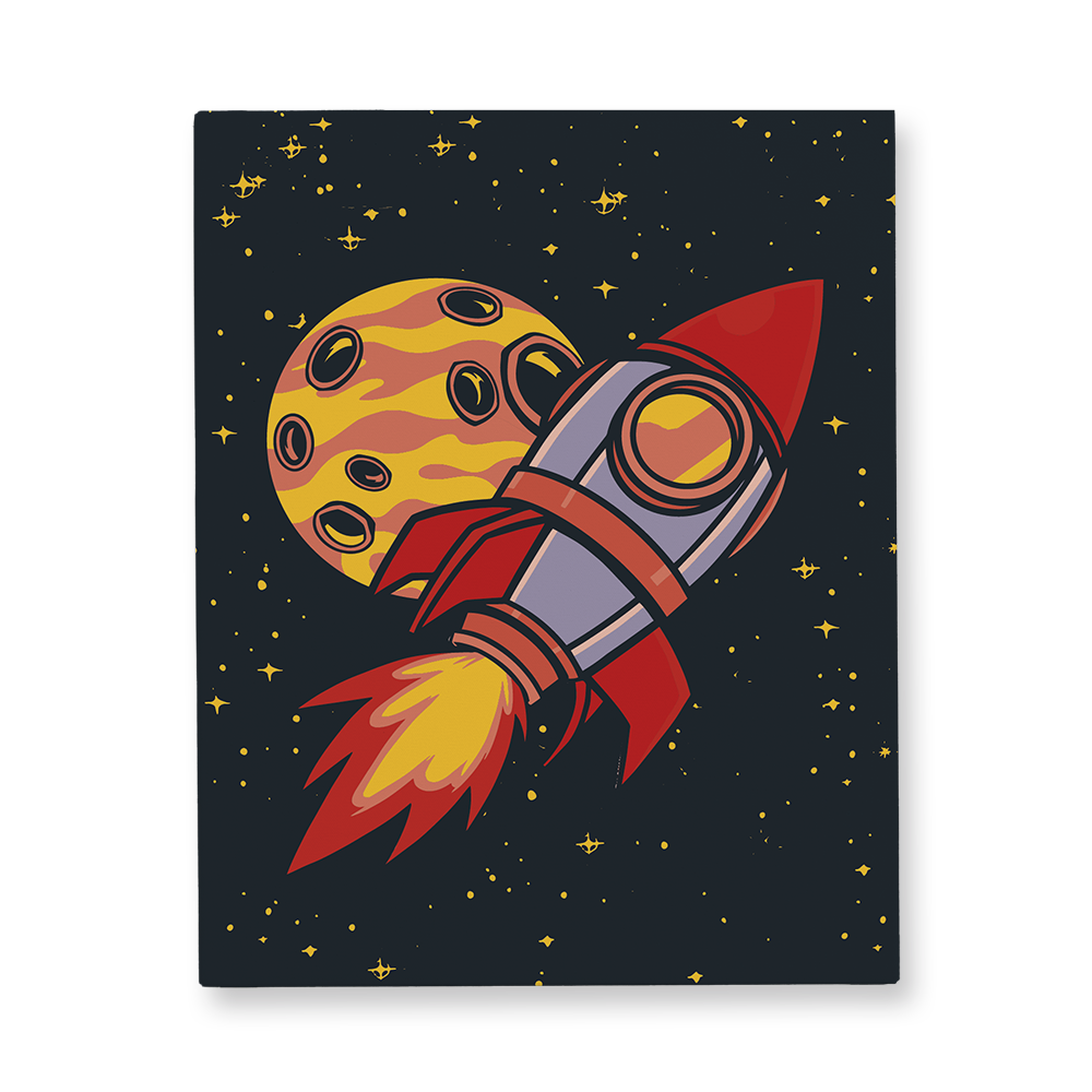 Rocket and Moon Illustration Canvas Wall Art