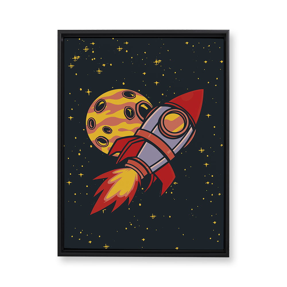 Rocket and Moon Illustration Floating Canvas Wall Art